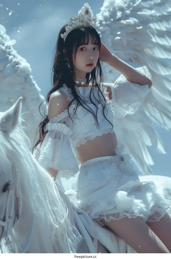 An Asian girl with long black hair and white wings is sitting on a white horse