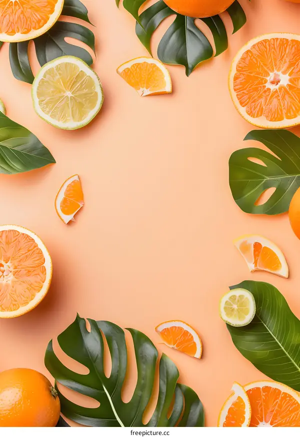 Tropical Fruit Flat Lay with Green Leaves on Peach Background