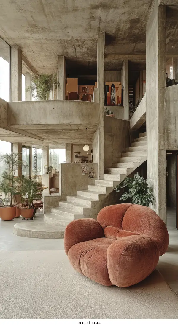Modern Concrete Interior with Terracotta Sofa