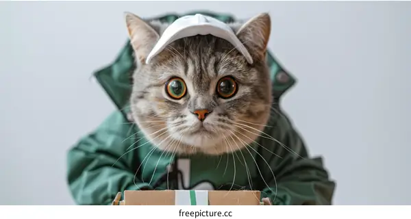 A cat wearing a hat and a jacket is sitting in front of a box.