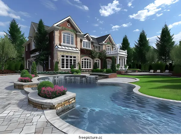 Luxury Home with a Pool and Waterfall