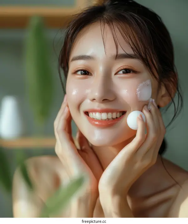 Asian woman applying face cream