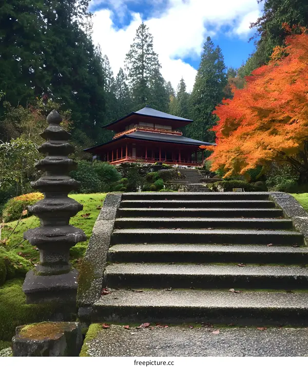 Stone Steps Leading to a Traditional Japanese Temple in Autumn