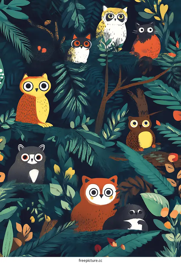 Cute Owl Pattern Illustration with Jungle Leaves