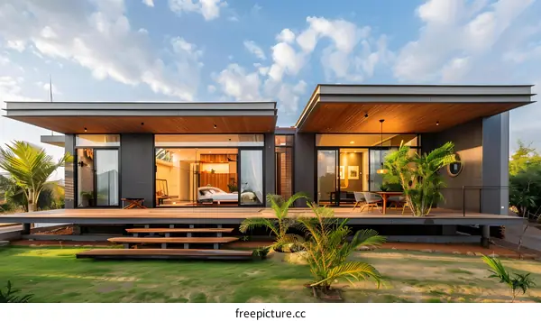 Modern House with Wooden Deck and Palm Trees