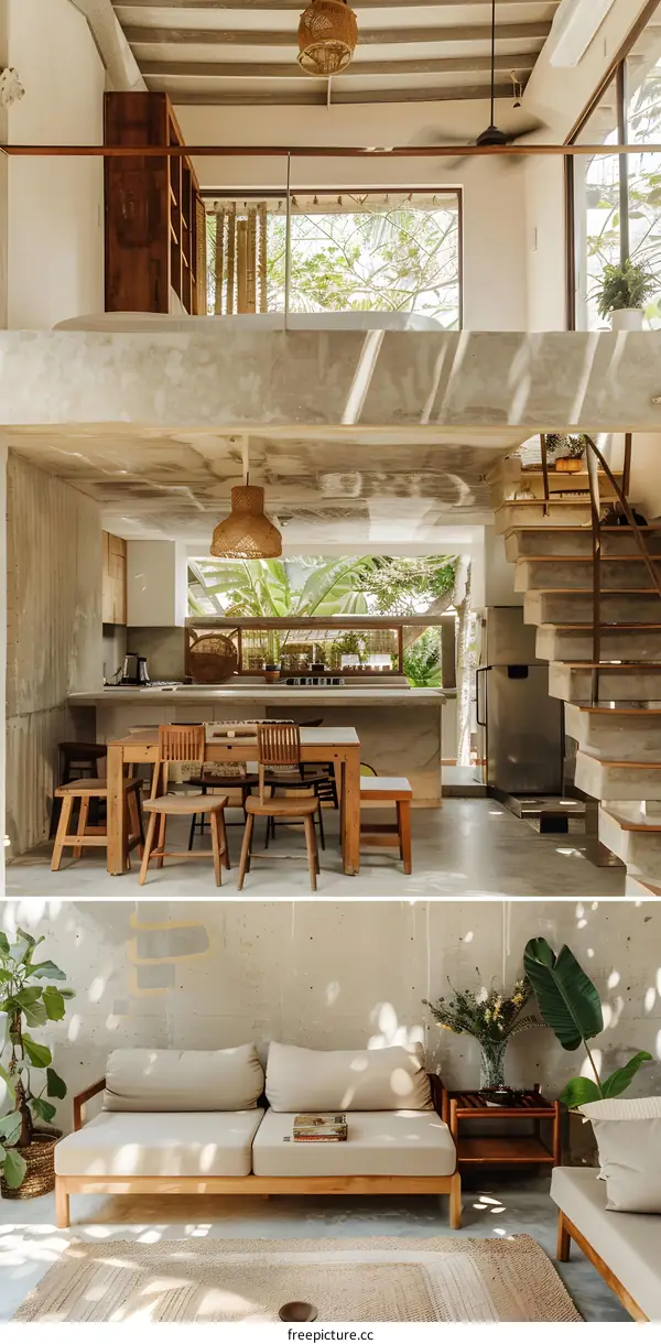 Minimalist Modern Home Interior Design With Wooden Furniture And Concrete Walls