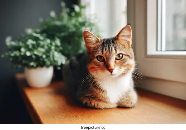 Cute Tabby Cat Relaxing on Window Sill