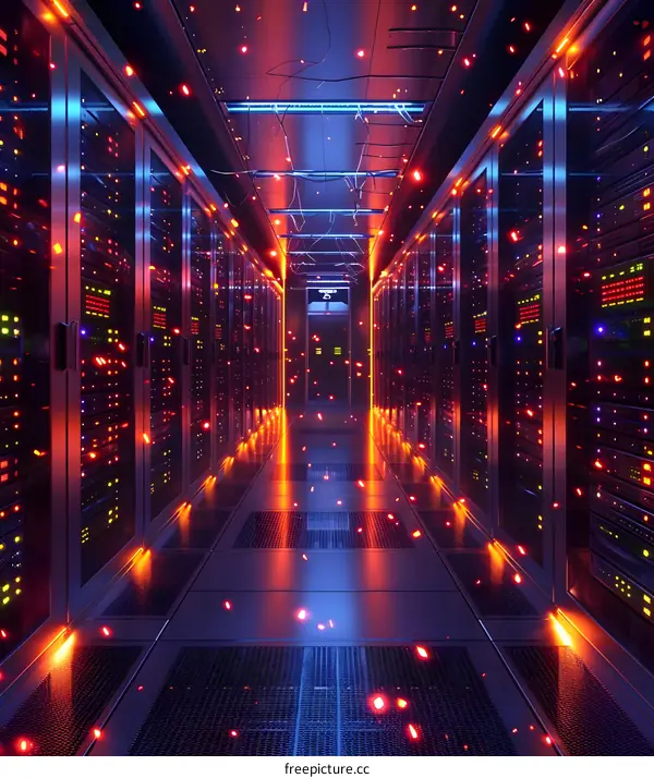 Data Center Server Room Corridor with Red and Blue Lights