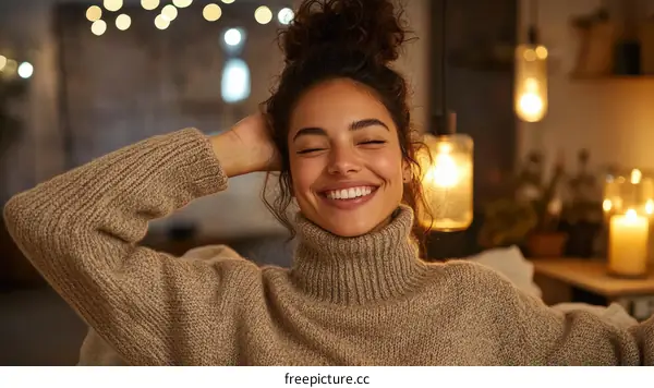 Smiling Woman in a Cozy Knitted Sweater