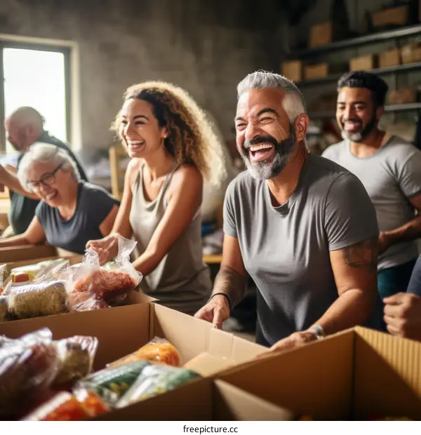 Multiethnic group of volunteers packing food donations in a warehouse
