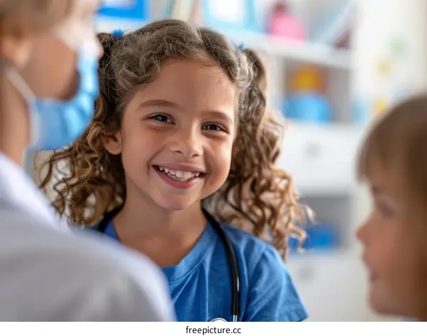 Little girl smiling at the camera while wearing a stethoscope around her neck