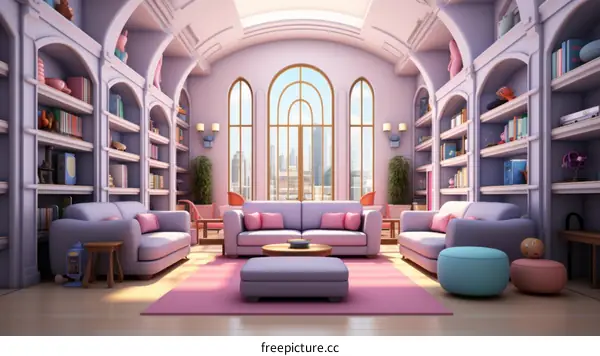 A beautiful living room with a large window and a pink sofa