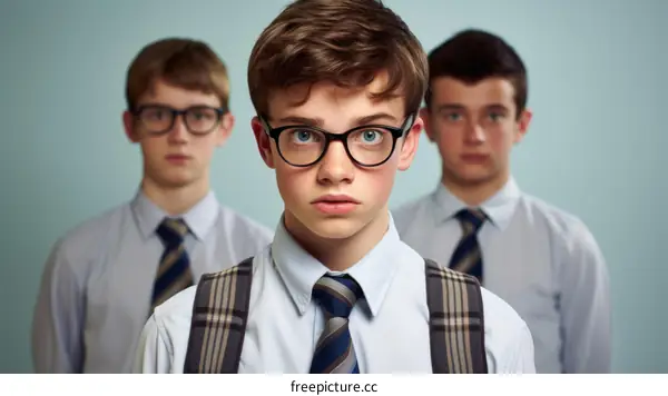 Three serious schoolboys wearing glasses and ties