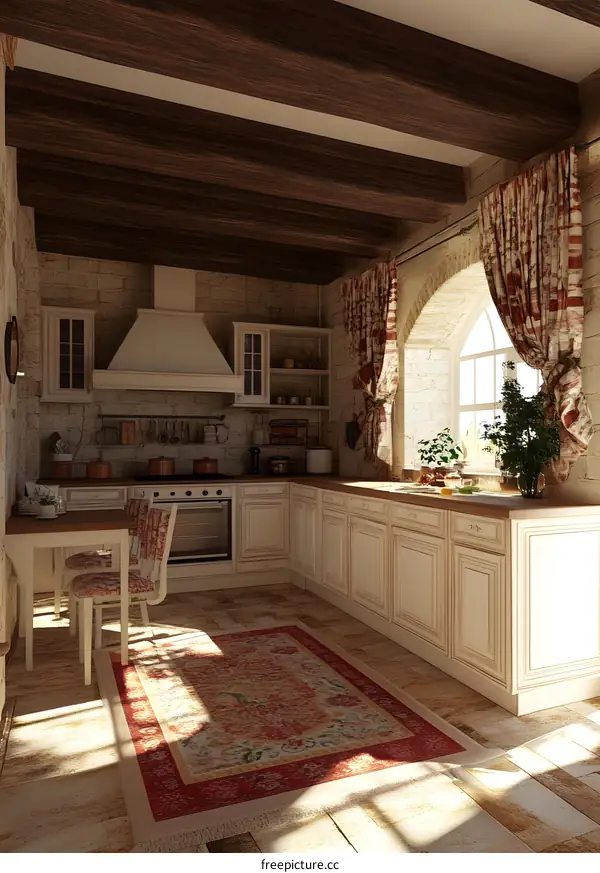 Country Style Kitchen Interior Design with White Cabinets and Wooden Beams
