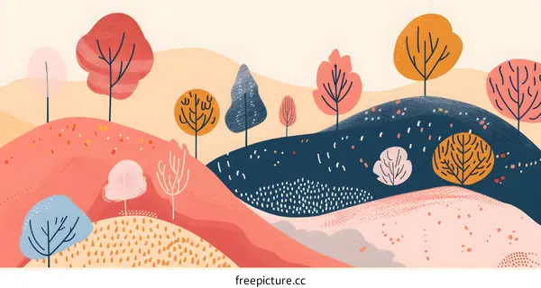 Abstract Landscape Illustration with Colorful Trees and Hills