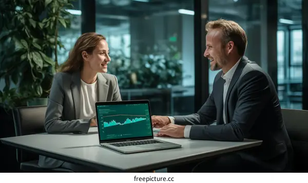 Business partners discussing financial data on laptop