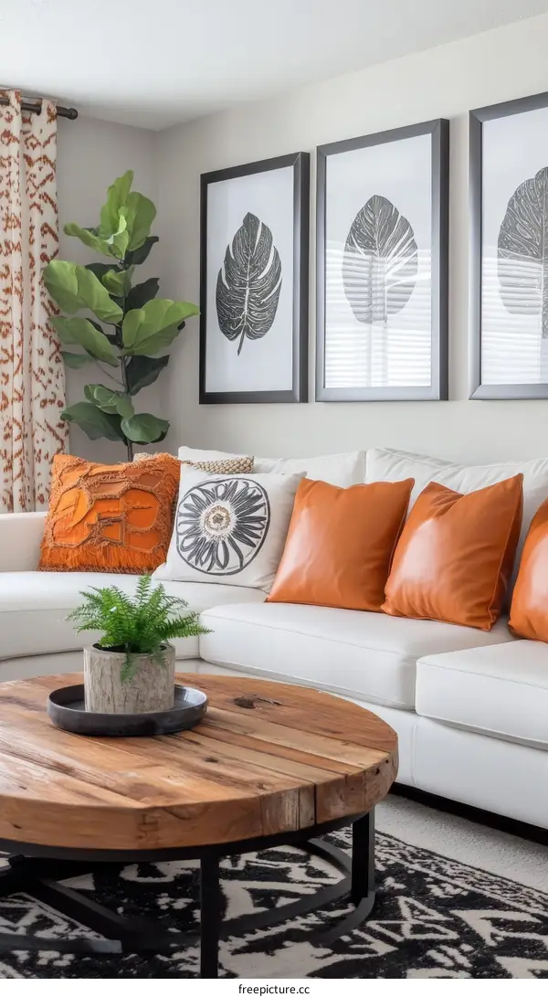 Modern Living Room with Artistic Leaf Prints