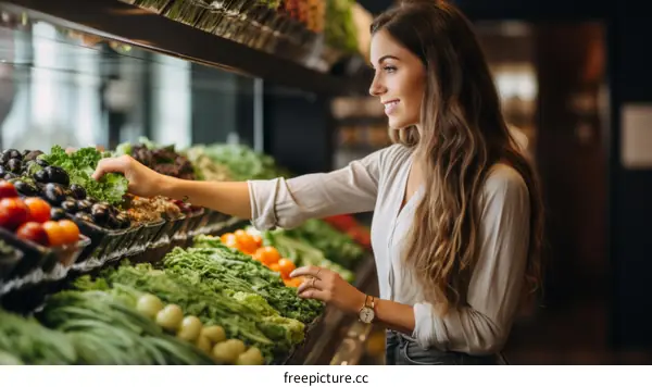 Young woman buying lettuce in a supermarket