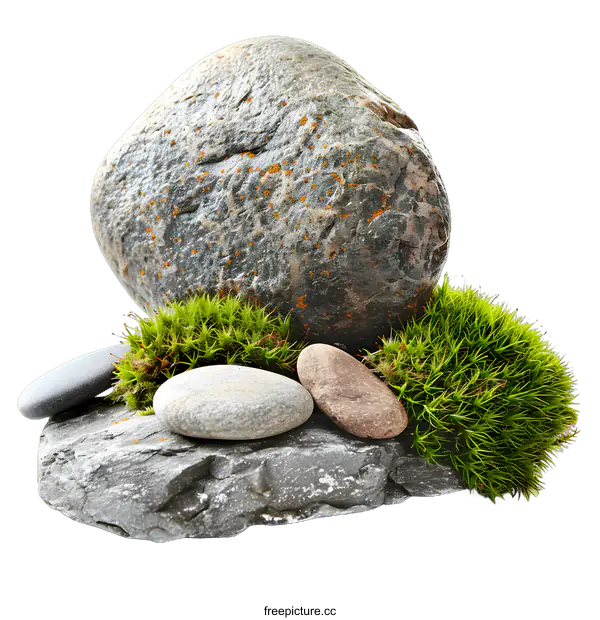 [Transparent Background PNG]Stones, Moss and Rock on White Background