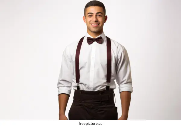 Young male server in white shirt and bow tie