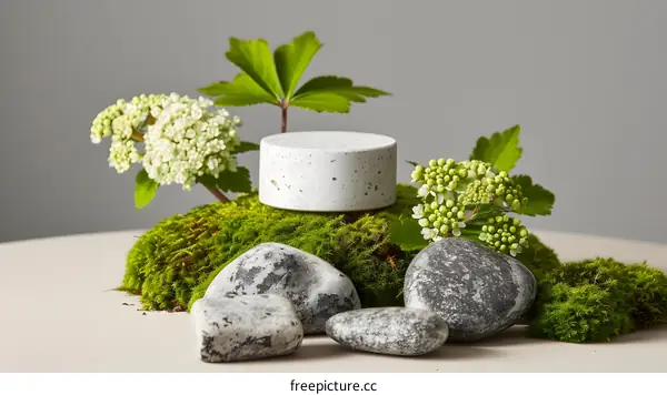 White Round Stone on Green Moss and Stones
