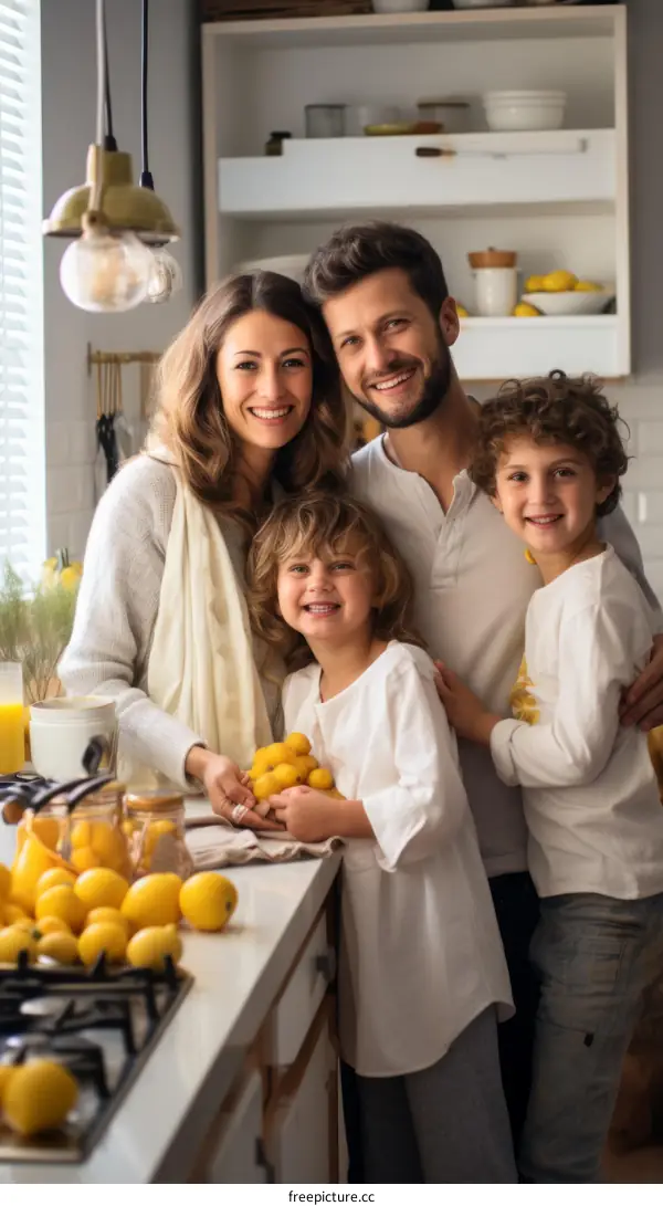 Happy family of four in the kitchen