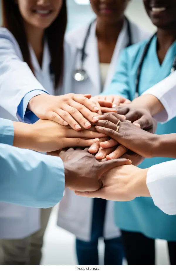 Multiracial group of doctors joining hands in unity and support