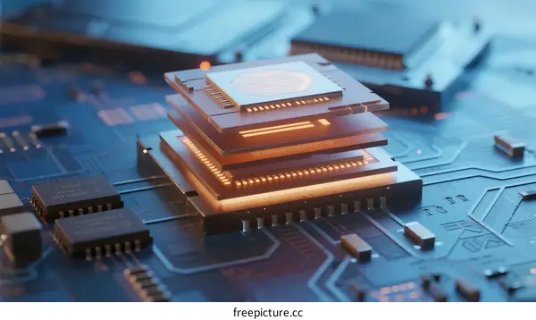 Stacked Microchips on Circuit Board with Glowing Circuitry
