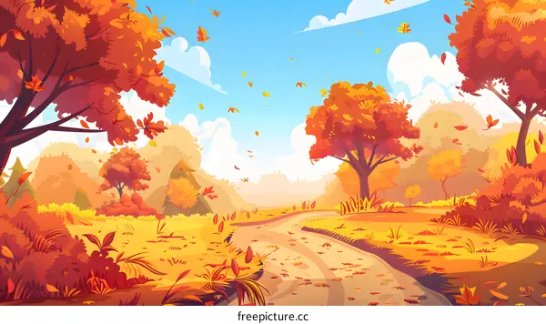 Autumn Forest Path with Falling Leaves Illustration