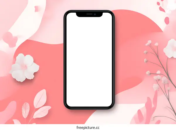 Blank Smartphone Screen With White Flowers And Pink Background