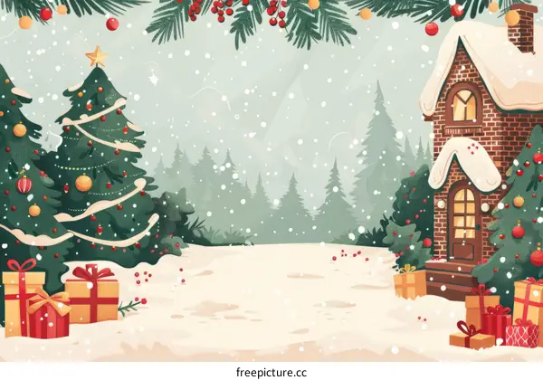 Snowy Christmas Eve with Presents and Cabin