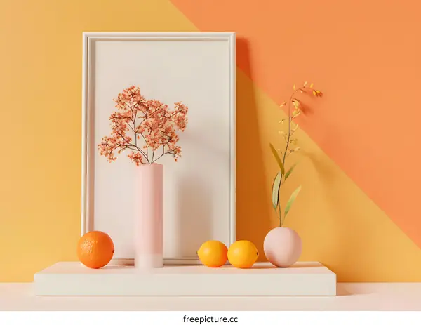 Minimalist Still Life with Orange and Dried Flowers in a Pink Vase