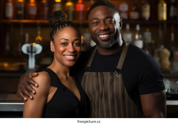 Smiling African-American couple posing in a bar.
