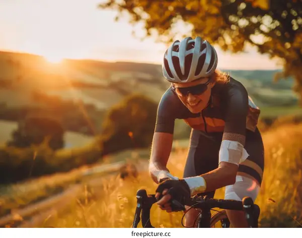 Cyclist riding through a field of wheat at sunset