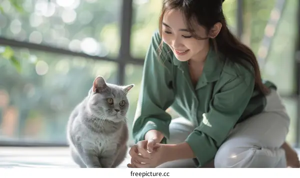 A young woman is playing with a gray cat on the floor in the living room.