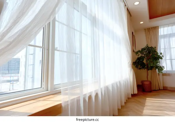 Sunlight Streaming Through Sheer Curtains in a Cozy Room