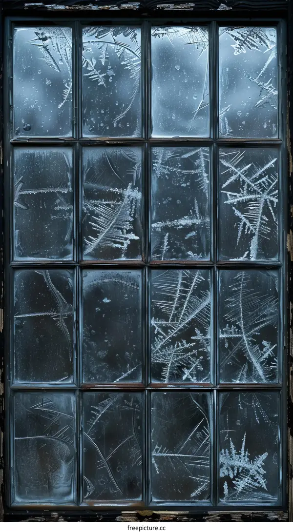 Ice crystals formed on a window pane create a beautiful and intricate pattern
