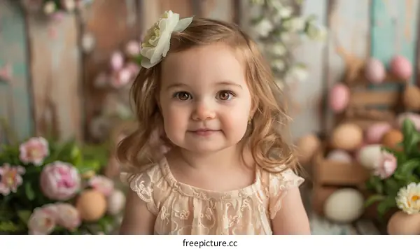 Little girl in a beige dress with a flower in her hair