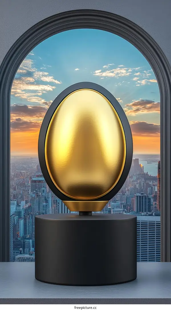 Golden Egg on a Modern Pedestal with Cityscape View