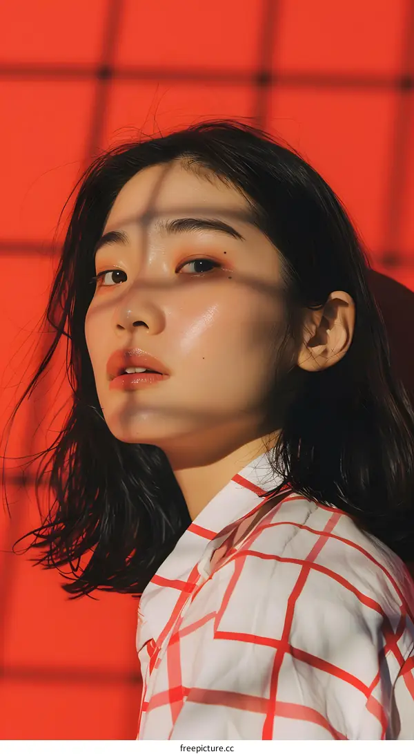 Woman with Short Hair in Checkered Shirt Posing in Front of Red Wall