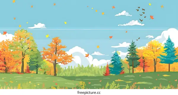 Autumn Landscape With Colorful Trees And Blue Sky