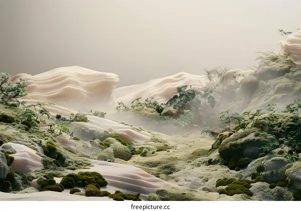 Abstract Landscape with Foggy Hills and Green Plants