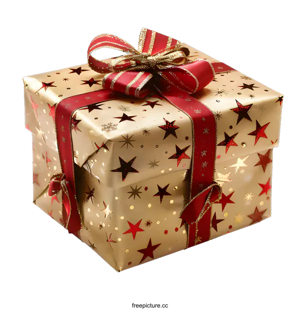 [Transparent Background PNG]Gold Gift Box With Red Ribbon And Stars