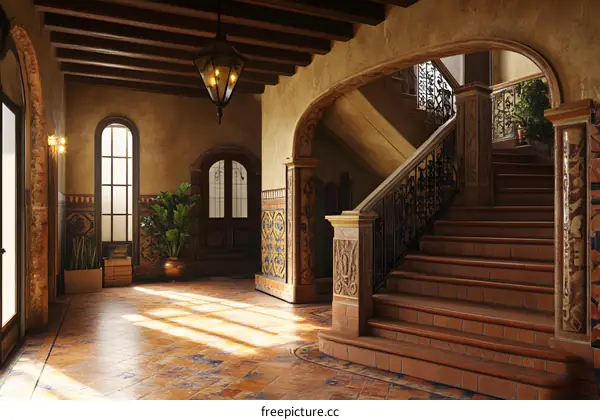 Vintage Staircase With Tile Floor And Iron Railing