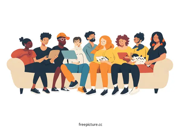 Diverse Group of People Sitting on a Couch Using Devices