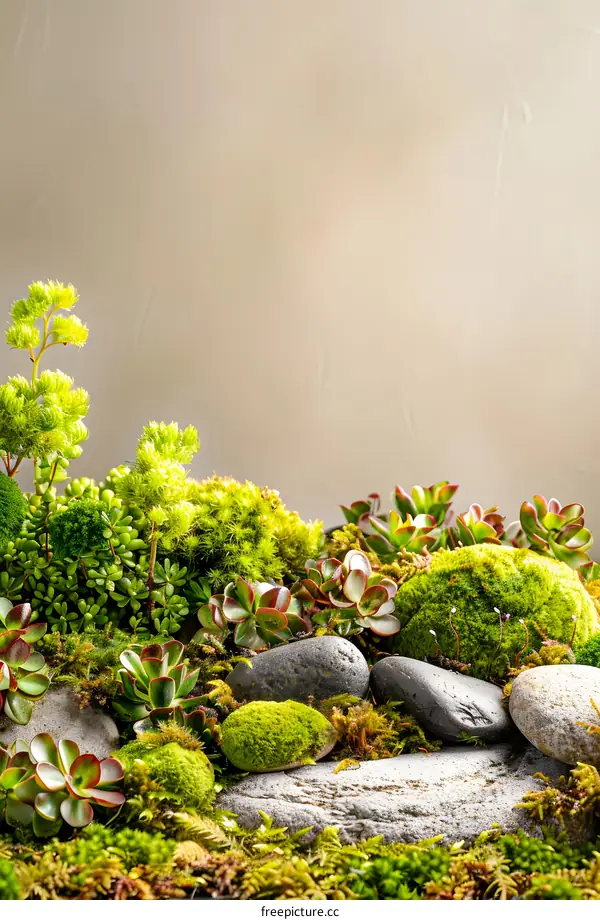 Green Moss and Succulents on Rocks Against Beige Wall