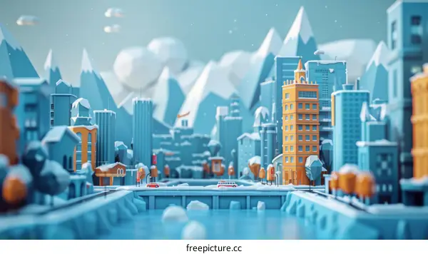 Blue and white snowy city 3d illustration