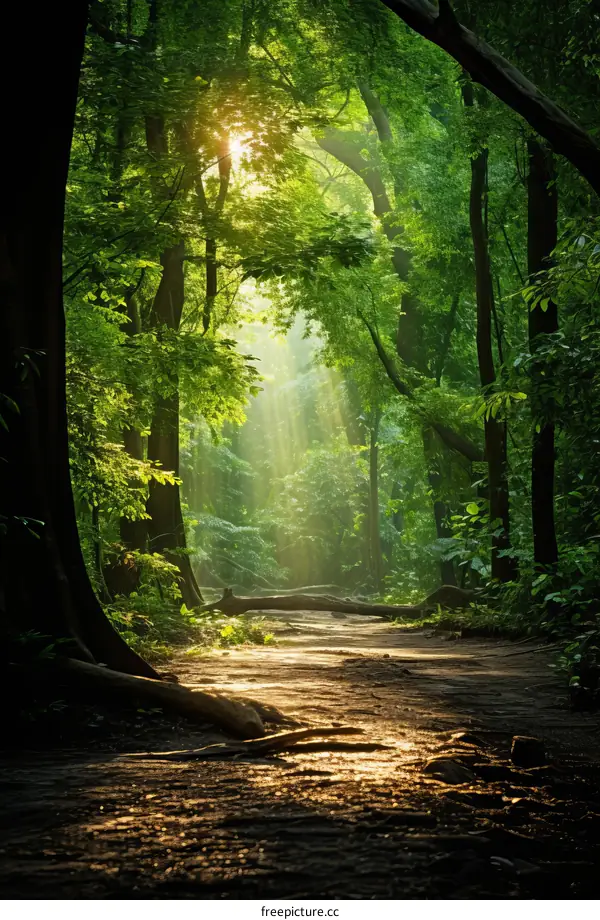 The sun shines through the forest