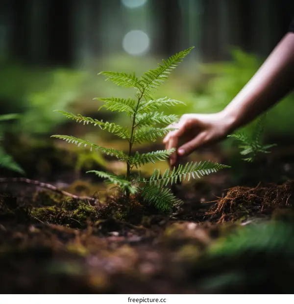 A hand touching a fern frond in the forest