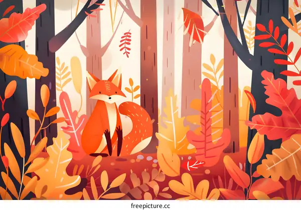 Autumn Fox In The Forest Illustration